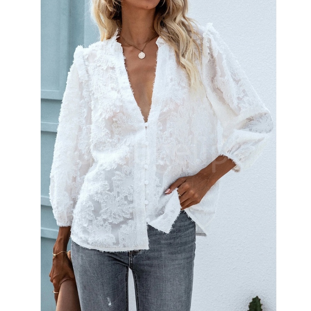 White Casual Textured Shirt Button Up Down Floral - Picture 4 of 16